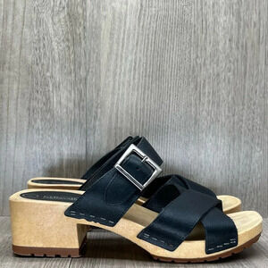 Xhilanation Sandals Womens Size 5 Cross Strap Slides Chunky Heel Leather Black